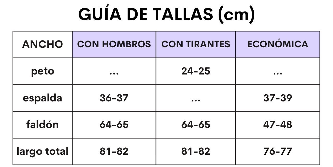 guia de tallas esetola belleza multibolsillos